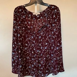 LOFT Long Sleeved Maroon Floral Blouse